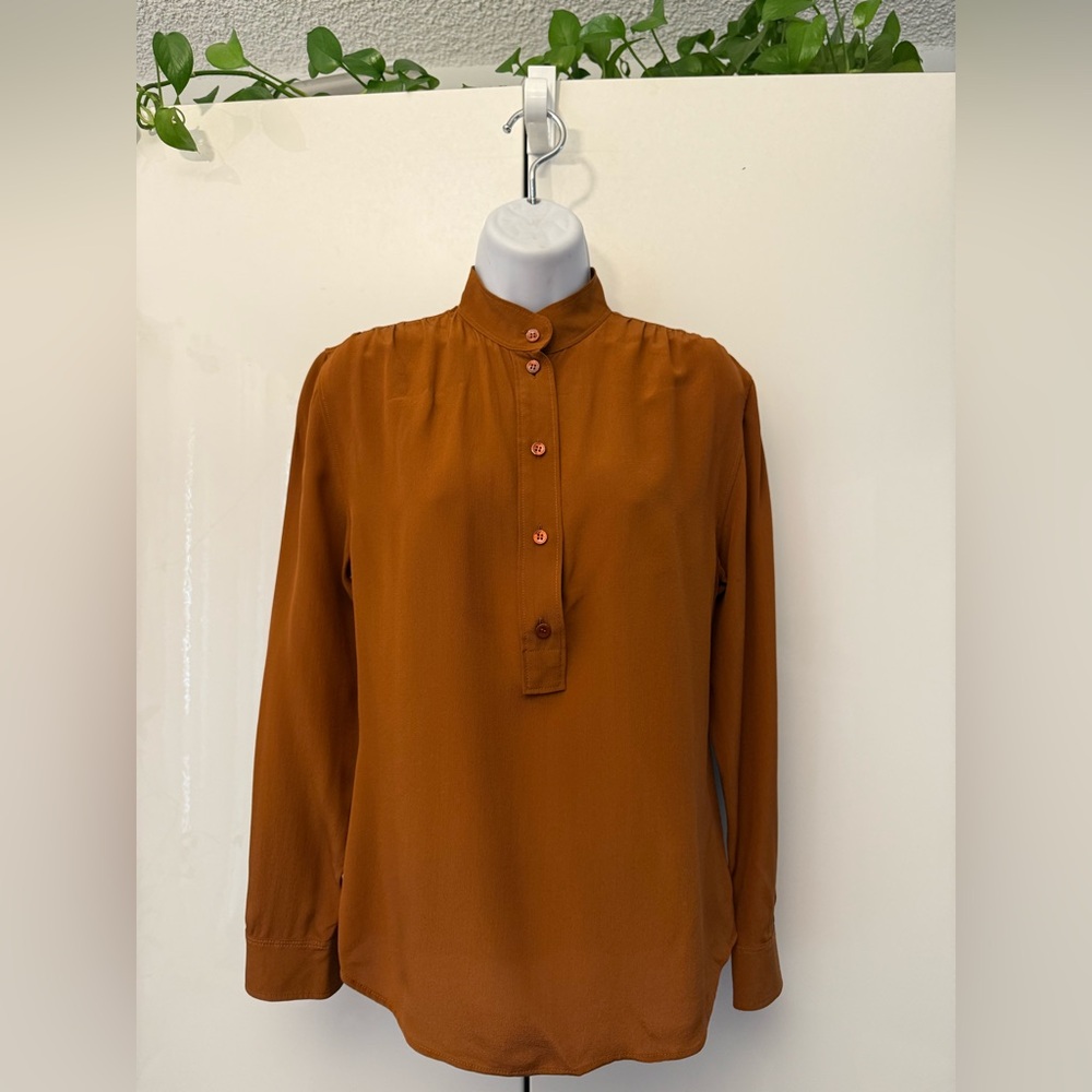 Gorgeous vintage rust orange Saint Laurent Paris silk long sleeve blouse small